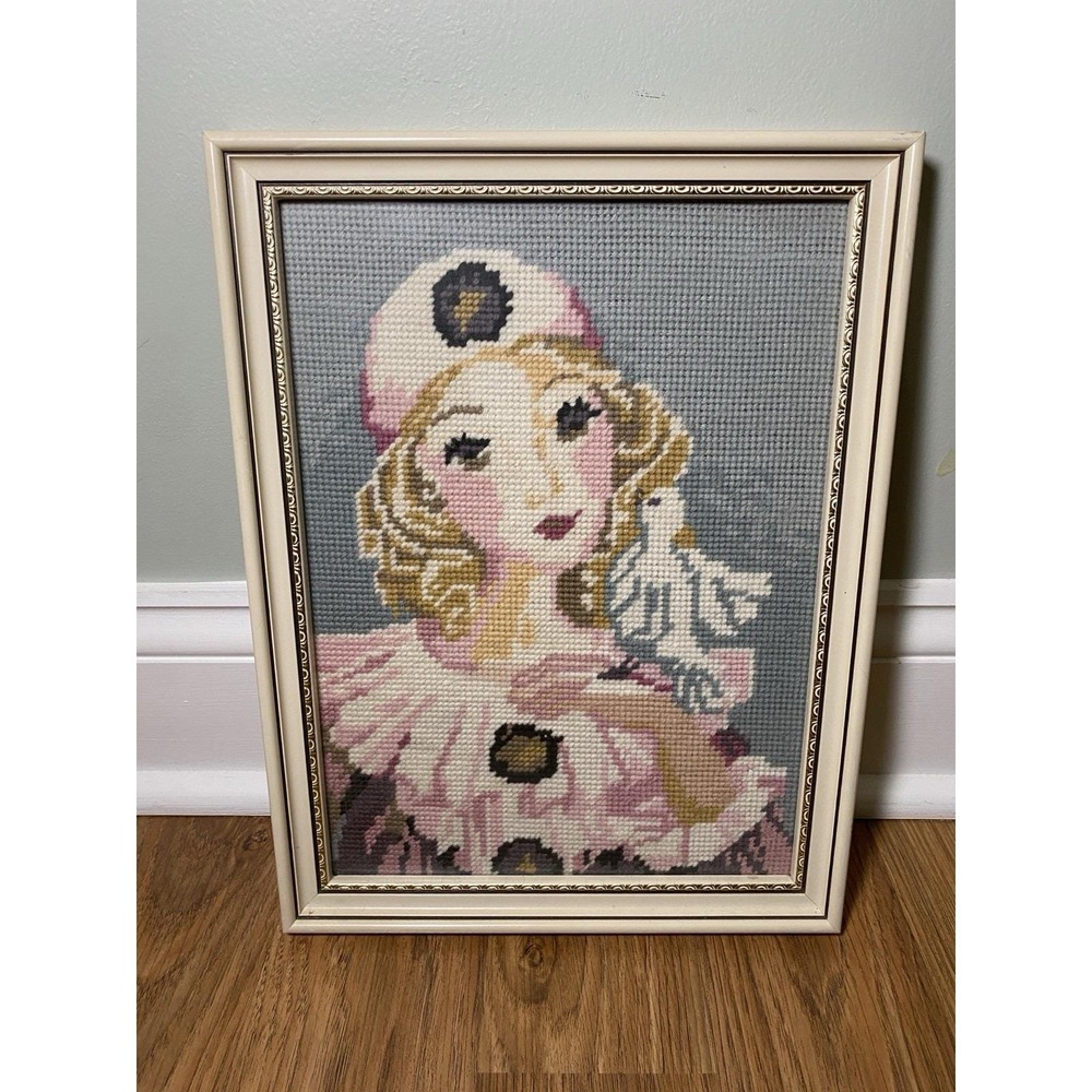 Vintage Pierrot French Columbine Needlepoint Dove framed 13"x10" Harlequin